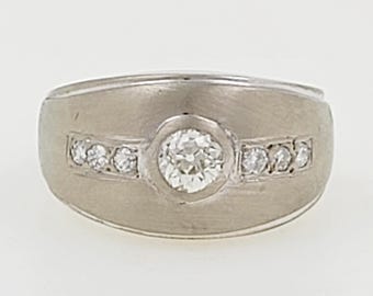 Anillo vintage de oro blanco de 14 quilates con diamantes, hecho a mano, engastado en bisel (0,77 ct)