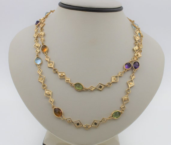 Vintage 1980s Handmade 14K Yellow Gold Necklace with Multiple Stones.