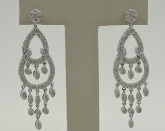 Stunning Handmade 14K Solid White Gold Natural Round Cut Diamonds Dangle Drop Chandelier Earrings.