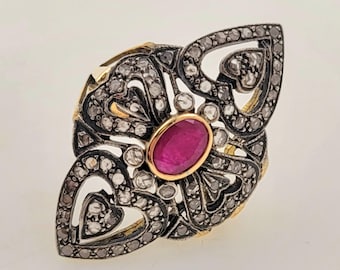 Vintage 14K Gold Cocktail Ring: Ruby, Rose Cut Diamonds, Size 7