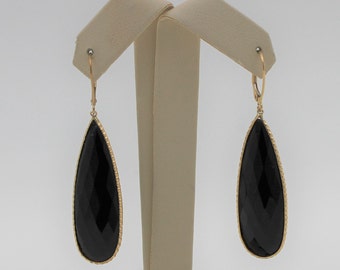 Handmade 14K Yellow Gold Black Onyx Earrings. Dangle Earrings.