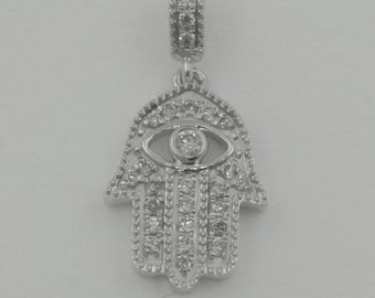 Gorgeous Handmade 14K Solid White or Yellow Gold Round Cut Natural Diamonds Hamsa Fatima Hand Pendant