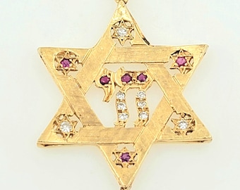 Antique 1920s Handmade Solid 14K Yellow Large Gold Star of David Chai Pendant With Round Natural Rubies and Diamonds. Judaica.
