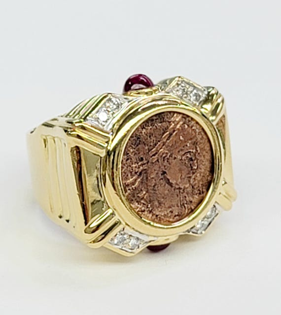 Greek Coin Ring Set in 18k Gold and Accented with Cab… - Gem