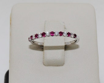 Beautiful Handmade 14k Solid White Gold Round Cut Natural Rubies and Round Cut Natural Diamonds. Stackable and Minimal July Birthstone