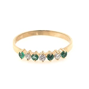 Vintage 1990s Handmade 14K Yellow Gold 0.21ct  7 Stone Round Emerald & Natural Diamond Ring, Wedding Ring, Anniversary Band