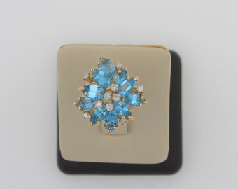 Vintage 1970s Handmade 14K Yellow Gold Diamond Blue Topaz Cocktail Ring.