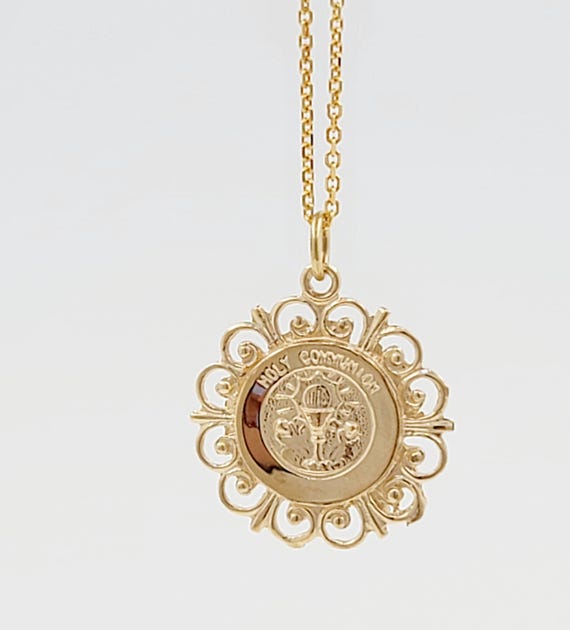 Never Say Never Medaglia speciale comunione d'oro 18k e madreperla con la Vergine bambina e diamanti. Catena veneziana da 45,00 cm tutto oro 18 carati, cm, Oro, Diamante