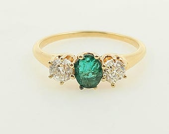 Antique 1920s Handmade 18K Solid Yellow Gold 3 Stone Old European Cut  Natural Diamond & Natural Emerald Engagement Ring