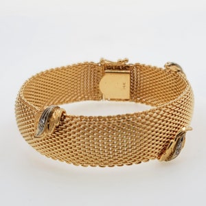 Vintage 1950s Handmade Solid 14K Yellow Gold 0.24ct Diamond Bismark Link/Mesh Bracelet with Leaf Design 42 grams