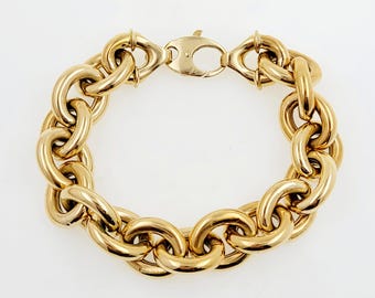Vintage 1980s Handmade 18K Yellow Gold Oval Link Cable Chain Chunky Bracelet 8 inch