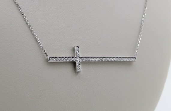 Handmade 14K Solid White Gold Diamond Cross Neckl… - image 1