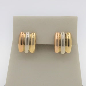 Vintage 1980s 14K Solid Gold Tri Color Earring. White Yellow and Rose Gold, Three Row Fashion Earrings
