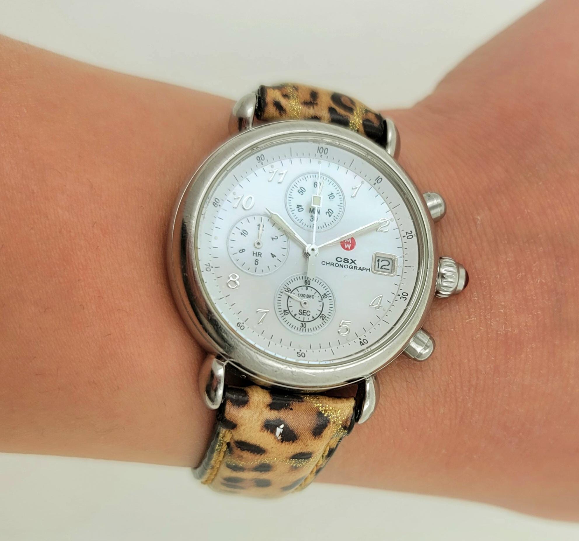 New Michele CSX animal print diamond swiss watch Michele CSX Diamond Bezel Mother Of Pearl Face Chronograph  main image 3