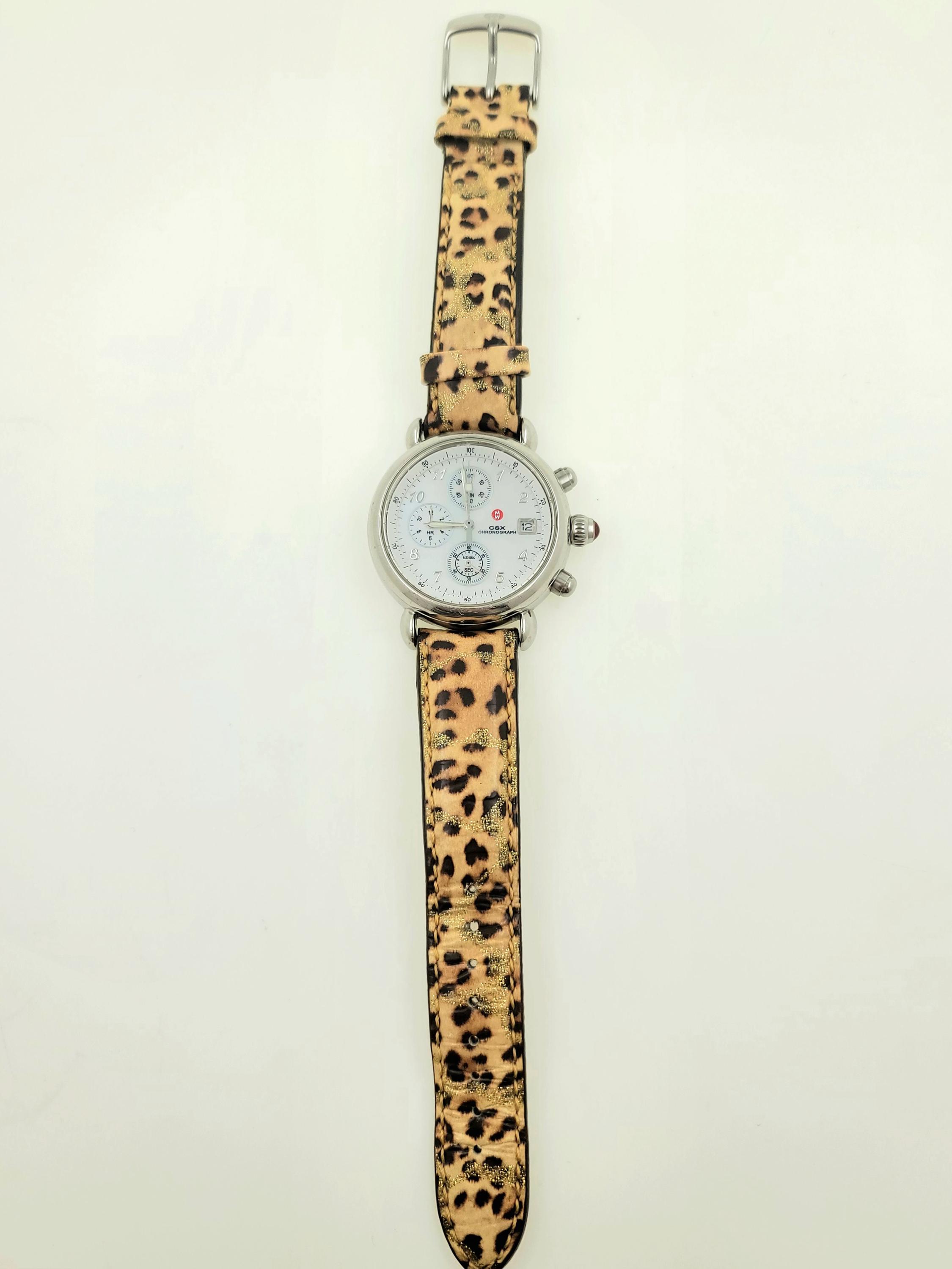 Michele Brand Cheetah Print Watch Band Michele Csx Chronograph Mother of Pearl Dial, Leather  main image 4