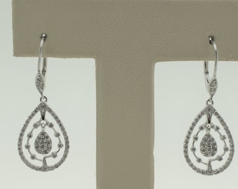 Vintage 2000s Handmade 14K Solid White Gold Natural Round Cut Diamonds Dangle Drop Earrings.