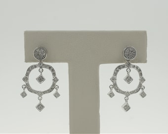 Vintage 1990s Handmade 14K White Gold Natural Diamonds Drop Earrings. Dangling Earrings.