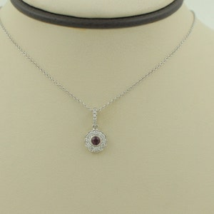 Gorgeous Handmade 14K Solid White Gold Round Cut Natural Ruby and Round Cut Natural Diamonds Tiny Milgrain Halo Necklace July Birthstone