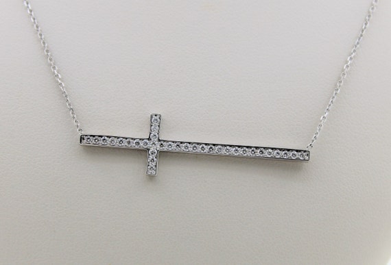 Handmade 14K Solid White Gold Diamond Cross Neckl… - image 2