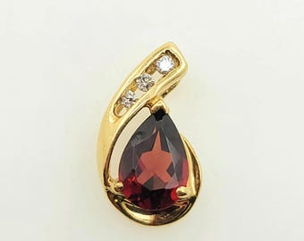 1980s Handmade 10K Yellow Gold Natural Pear Garnet & Diamond Pendant.