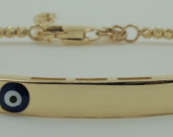 14K Solid Yellow Gold Baby ID Bracelet, Evil Eye Charm, Adjustable, Made in Italy