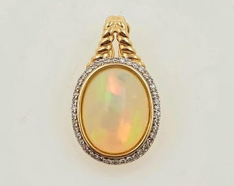 Vintage 14K Gold Opal Pendant with Diamond Halo
