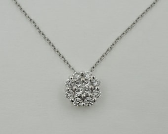 14K White Gold Diamond Cluster Pendant Necklace, Handmade
