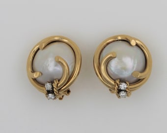 Orecchini a clip vintage in oro giallo 14 carati con perle e diamanti, anni '60