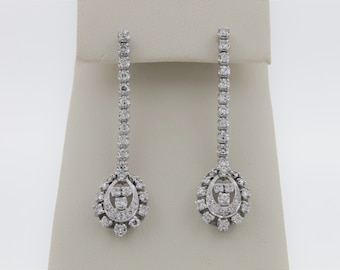 Vintage 1940s Handmade 14K White Gold Diamonds Drop Earrings. Dangle Earrings.