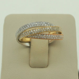 Stunning Handmade Tri Color 18K Solid Yellow Rose and White Gold Pave Set Round Cut Natural Diamonds Rolling Ring Three Band Ring