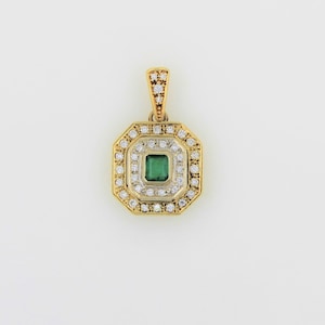 Vintage 1980s Handmade 14K Solid Yellow Gold Diamond Emerald Pendant