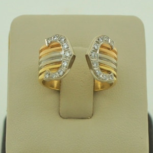 Stunning Handmade Tri Color 18K Solid Yellow Rose and White Gold Round Cut Natural Diamonds Open Cuff Ring