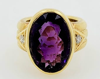 Vintage 1960s Amethyst Cocktail Ring, 18k Yellow Gold Diamond Accent