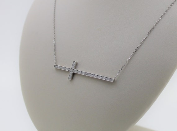 Handmade 14K Solid White Gold Diamond Cross Neckl… - image 4