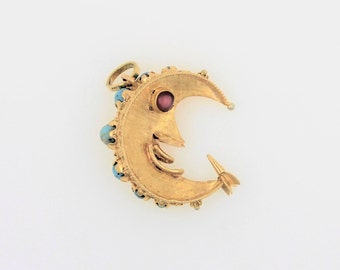 Vintage 1970s Handmade Solid 18K Yellow Gold Large &quot;Man On The Moon&quot; Pendant Turquoise And Cabochon Rubies VERY RARE!!!