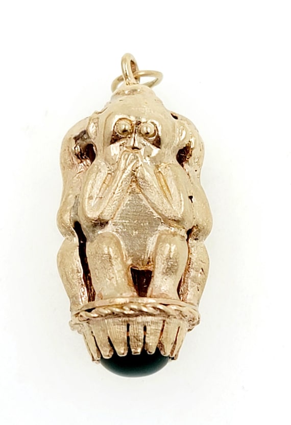 Unique 14K Yellow Real Gold Three Wise Monkeys Charm Pendant With