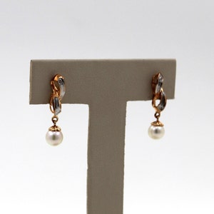 Antique 1970s Handmade 14K Solid Two-Tone Gold Pearl Diamond Earrings
