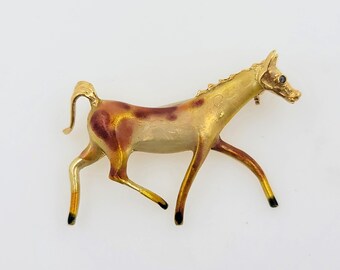 Gorgeous Vintage 1970's Handmade 18K Yellow Gold Enamel Horse Pin/Brooch