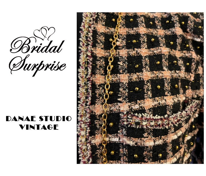 Vintage Designer Inspired Boucle Jacket With Gold Metal Beading Mint