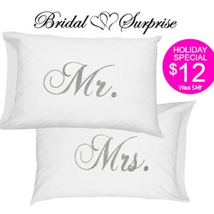 personalized white pillowcases Mr Mrs scripted silver glitter Christmas Gift Holiday Gift Valentine Gift wedding gift