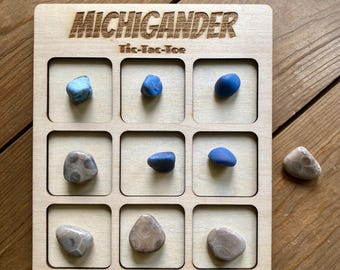 Michigander Tic-Tac-Toe Petoskey stone and Leland blue stone game pawns pieces