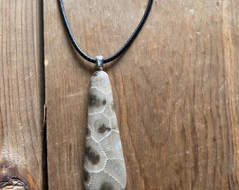 Teardrop Petoskey Stone Pendant Necklace, Leather cord