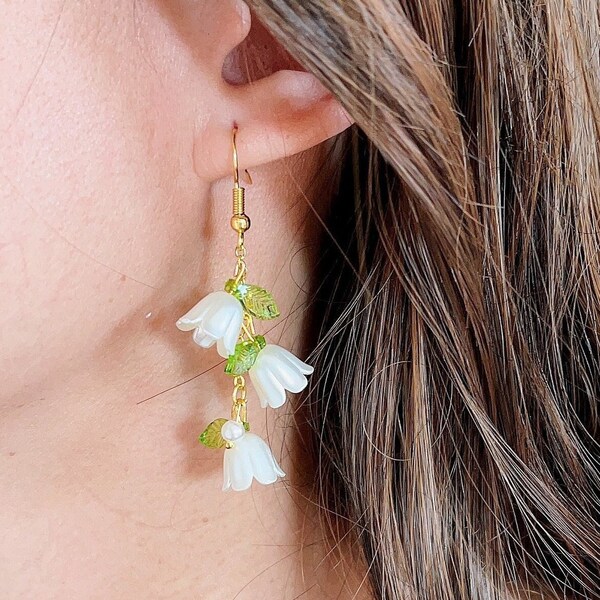 Minimalist Dainty Lily of the Valley Dangle Earrings | White Pink Blue Purple Flower Drop Tassel Earrings | Floral Fairy Bridal Bridesmaid