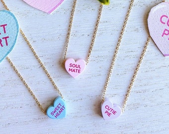 Colorful Valentines Candy Conversation Heart Necklace | Lightweight Cutie Pie Soul Mate Sweet Heart Pendant | Valentines Wife Girlfriend