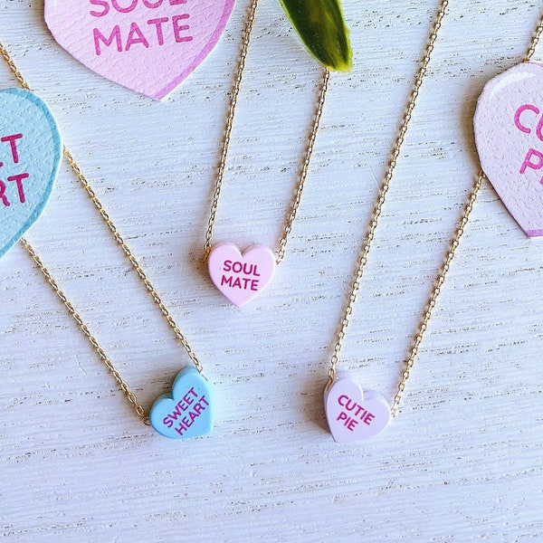 Colorful Valentines Candy Conversation Heart Necklace | Lightweight Cutie Pie Soul Mate Sweet Heart Pendant | Valentines Wife Girlfriend