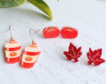 Set of Thanksgiving Acrylic Earrings | Pumpkin Spice Latte Maple Leaf Earrings | PSL Dangles | Lightweight Friendsgiving Autumn Earrings