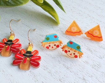Set of Thanksgiving Acrylic Earrings | Turkey Pumpkin Pie Scarecrow Earrings | Turkey Dangles | Lightweight Friendsgiving Autumn Earrings