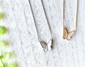 Tiny Butterfly Iridescent Gold Silver Necklace | Dainty Butterfly Necklace | Minimalist Gold Butterfly Silver Pendant Necklace | Bridesmaid