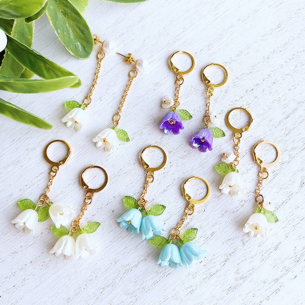 Minimalist Dainty Lily of the Valley Dangle Huggie Hoop Pearl Earrings | White Pink Blue Purple Flower Drop Tassel | FloralBridal Bridesmaid