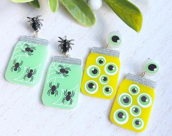 Glow in the Dark Halloween Spider Evil Eye Jar Earrings | Lightweight Halloween Dangle Studs | Glow-In-The-Dark Acrylic Halloween Spooky